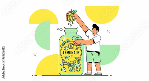 Man Making Fresh Lemonade in Large Bottle with Citrus Fruits and Geometric Shapes