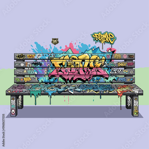 Graffiti painted urban bench seat.