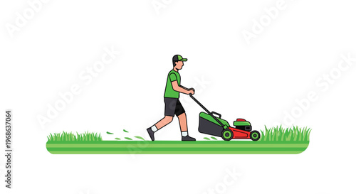 Illustration of a man mowing the lawn with a push mower