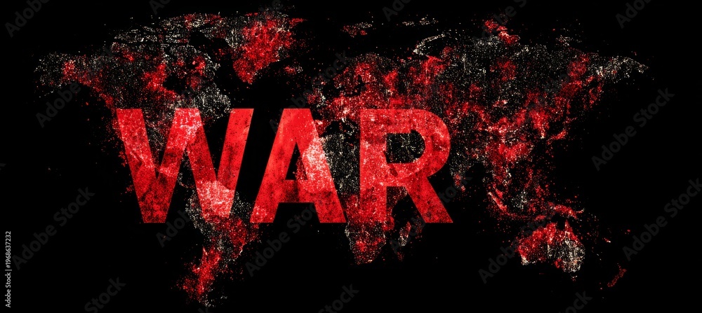 Obraz premium Red bloody war text with world map background. Generative AI technology.
