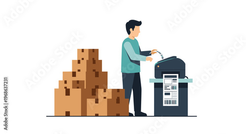 Man recycling cardboard boxes at office.