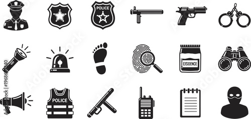 Flat vector illustration of police investigation icons, law enforcement tools, evidence symbols, criminal suspect silhouette, security design, forensic justice graphics