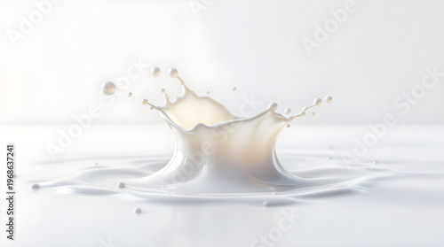Fresh white milk crown splash macro shot on clean smooth surface with bright lighting studio photography style