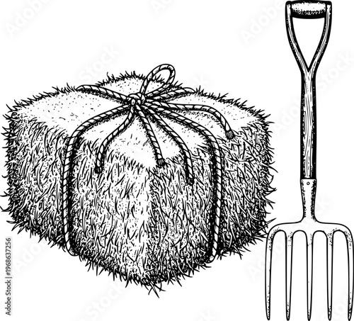 Vintage of a bound hay bale and a garden pitchfork a white background tool