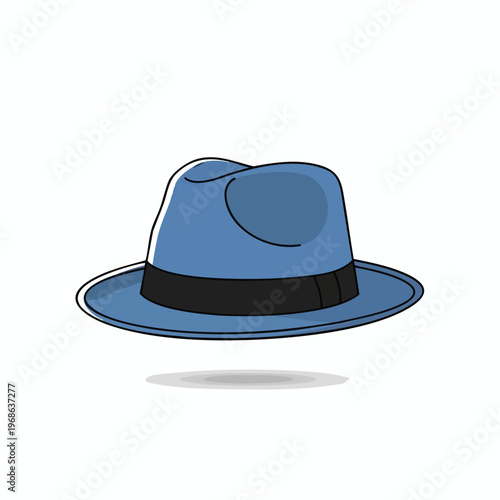 A blue fedora hat with a black band casts a shadow on a white background