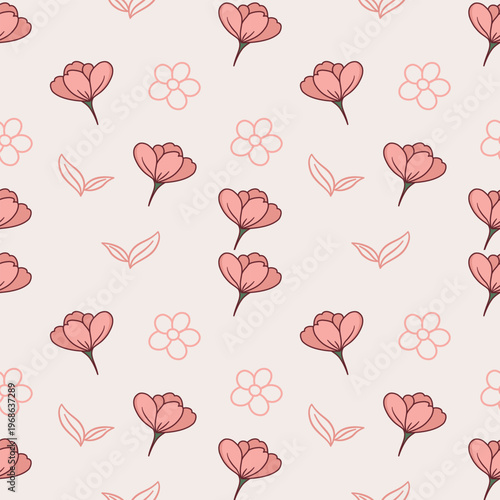 Pink floral seamless pattern with flower outlines on cream background