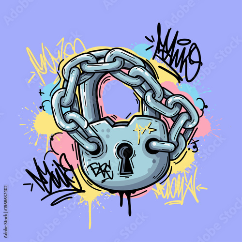 Gray metal padlock with chain graffiti.