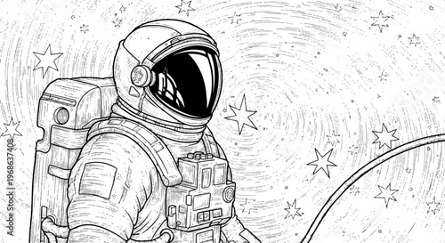 Astronaut Space Suit, Space Exploration, Black and White Illustration, Starry Background