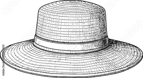 Vintage Straw Hat with Wide Brim and Tall Crown Hand Drawn Line fashion accessory