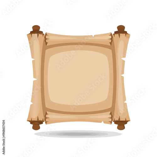 An unfurled, aged scroll with wooden ends and a slight shadow