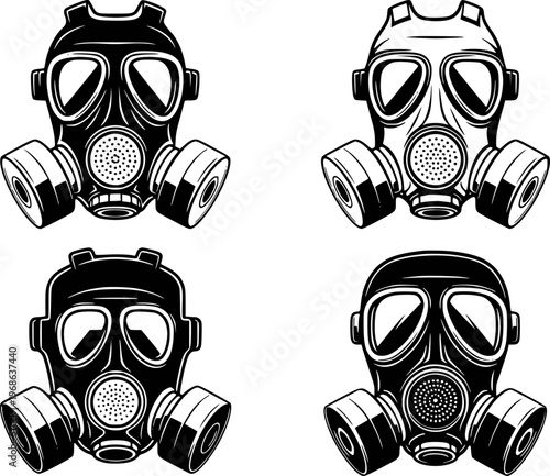 Vintage Style Gas Masks Black and White Isolated White respirator protection