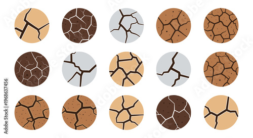 A collection of circular cracked earth textures in varying brown and beige tones presented as a graphic design silhouette high quality