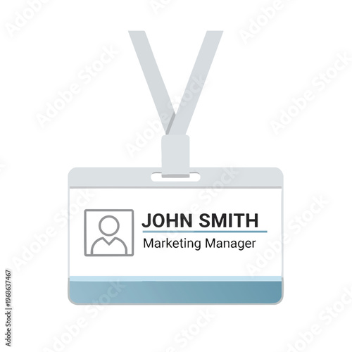 A light grey lanyard holds a rectangular identification card for John Smith, Marketing Manager