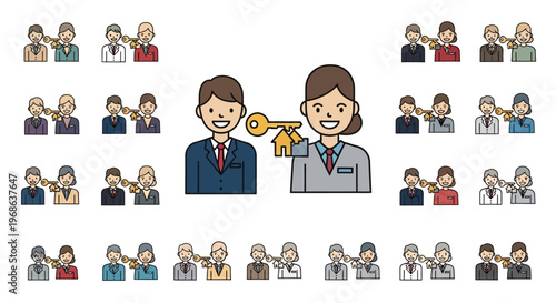 Happy businessman and businesswoman holding a house key together, surrounded by diverse people icons symbolizing community, partnership, and shared property ownership on an isolated white background.