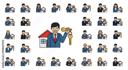 Real estate agent holding a house key in front of a home, surrounded by various icons representing real estate transactions and home ownership on an isolated white background.