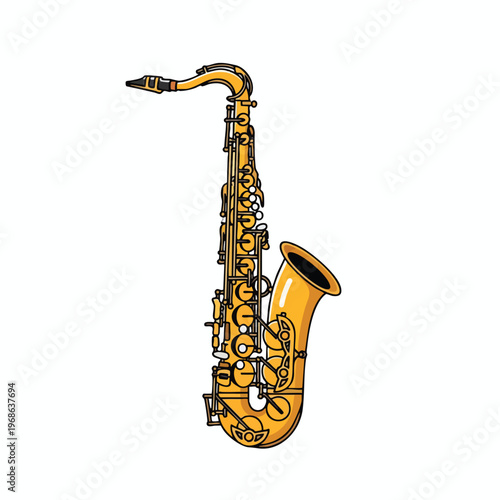 Golden saxophone with black accents, curved neck, and bell