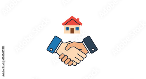 Colorful handshake over a house icon, representing a successful real estate transaction or property partnership on an isolated white background.