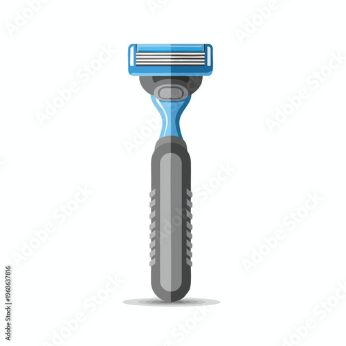 Flat design illustration of a blue and grey razor with multiple blades