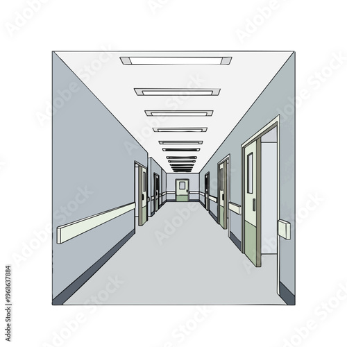 A perspective view of a sterile, long, and empty hospital hallway with doors