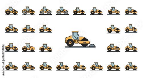 Grid of various road roller and compactor construction vehicles, isolated white background.