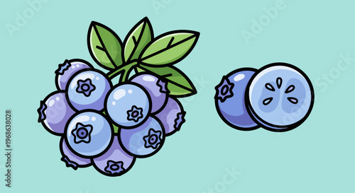 A cartoon bunch of blueberries with green leaves on a teal background, conveying freshness and health.