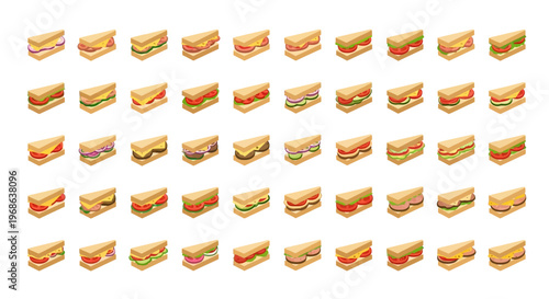 Grid of various delicious and colorful sandwich icons, isolated white background.