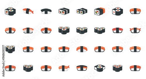 Grid of various delicious sushi and sashimi icons, isolated white background.