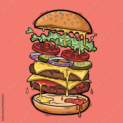 Juicy cheeseburger with melting cheese.