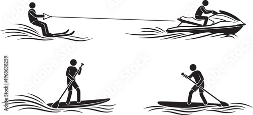 Flat vector illustration of water sports silhouettes, jet ski rider, water skiing figure, paddleboarding icons, ocean recreation design, aquatic activity graphics