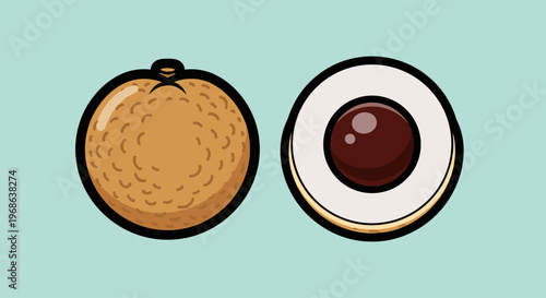 A cheerful cartoon illustration of a whole macadamia nut and one cut open, showcasing its rich brown interior on a light teal background.