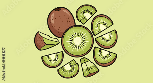 A vibrant cartoon illustration of kiwi fruit slices on a light green background, perfect for food and health-related marketing materials.