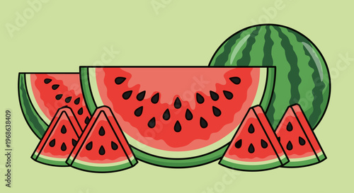 A colorful cartoon illustration of watermelon slices and a whole watermelon on a light green background, evoking a sense of freshness and summertime f