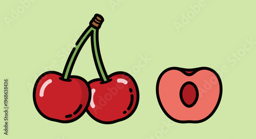 A colorful cartoon illustration of two cherries and a halved cherry on a green background, conveying freshness and health.