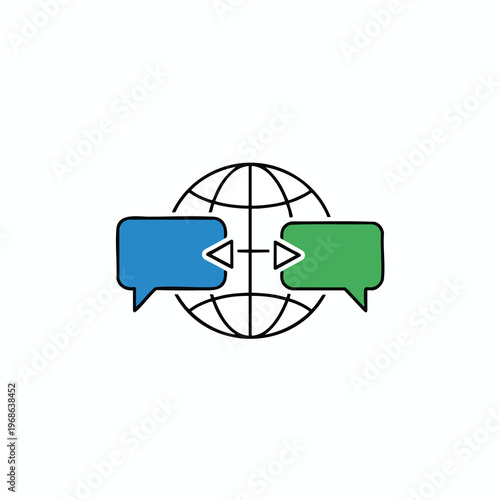 Stylized globe with opposing speech bubbles, symbolizing global communication