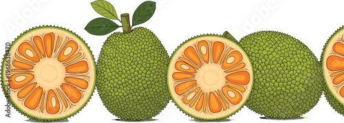 Jackfruit Vector Illustration Featuring Repeating Whole and Cross Section Fruits with Leaves Tropical Exotic Pattern in Detailed Flat Style Design