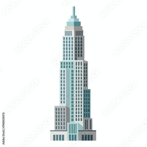 Stylized art deco skyscraper with stepped setbacks and a spire
