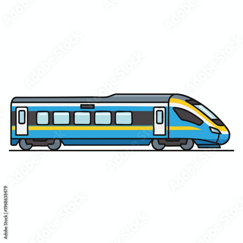 A modern blue, yellow, and grey streamlined passenger train with windows
