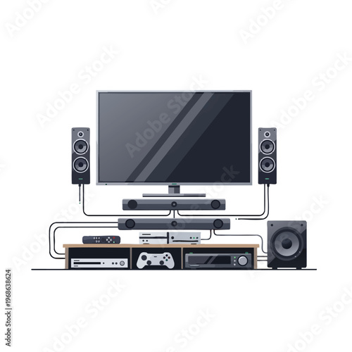 Home theater setup with large screen TV, speakers, consoles, and soundbars
