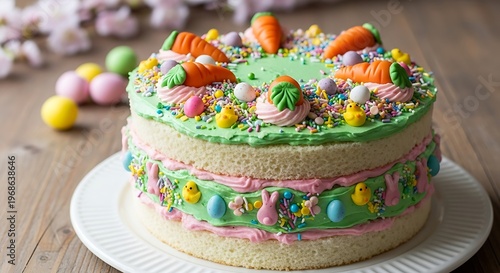 Easter Cake with Colorful Decorations and Carrots.