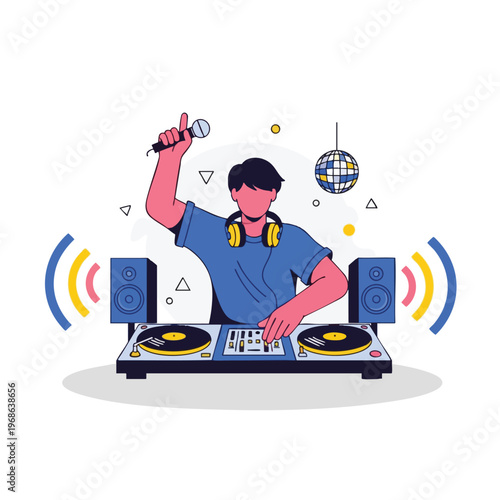 A person wearing headphones spins records and holds a microphone at a DJ booth