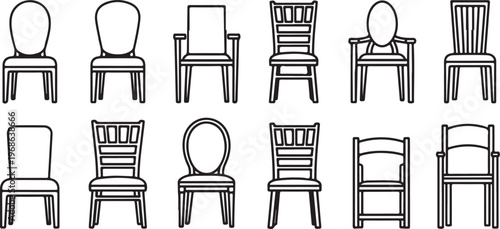 Tableau sur toile Assorted wooden chairs in simple black and white line art style Vector