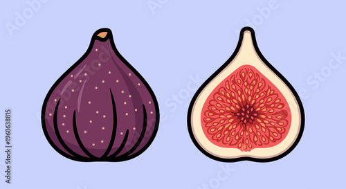 Illustration of a whole and halved fig on a light blue background, showcasing its interior.