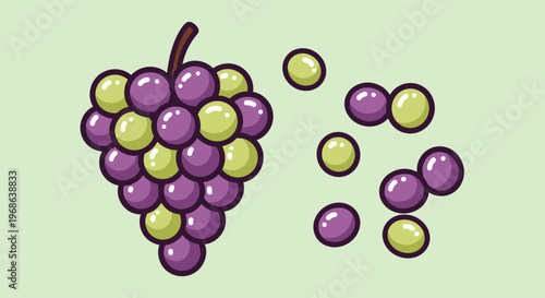 A cheerful cartoon illustration of a bunch of purple and green grapes on a light green background, perfect for food or health-related projects.