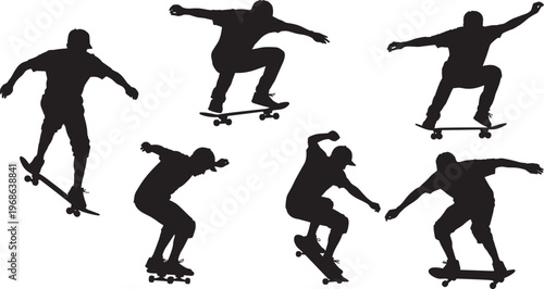 Six dynamic skateboarder silhouettes performing tricks, jumps, stunts in mid-air, extreme sports action, athletic balance skill artwork, flat vector illustration