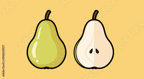 A cheerful illustration of two pears, one green and one white, on a bright yellow background, conveying freshness and simplicity.