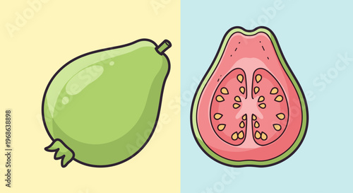A colorful illustration of a whole and halved guava on a contrasting background, conveying freshness and health.