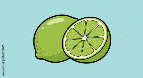 A colorful illustration of a whole lime and a halved lime on a light blue background, conveying freshness and health.