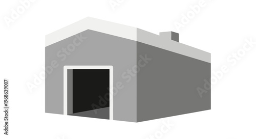 Single gray warehouse or garage building with entrance, isolated white background.