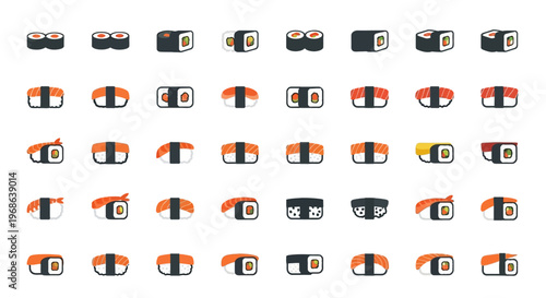 Collection of various delicious sushi and sashimi pieces, isolated white background.