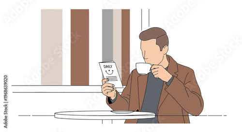 Man in Cafe Reading Menu and Drinking Coffee